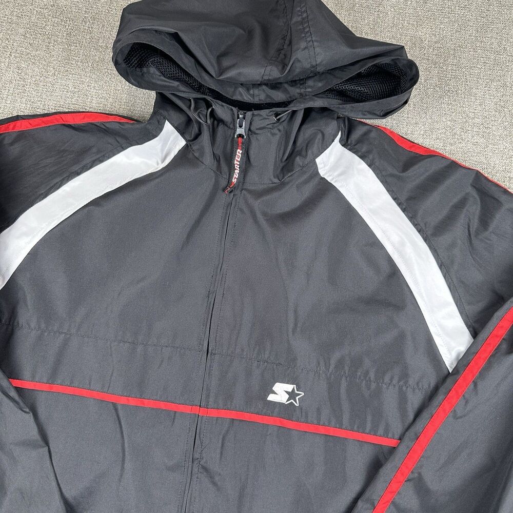 Starter Windbreaker Jacket Mens L Black Red Hooded Long Sleeve Full Zip